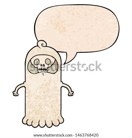 cartoon spooky skull ghost with speech bubble in retro texture style