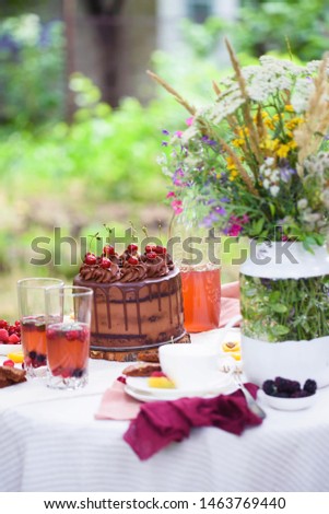 Summer picnic in nature, with a delicious chocolate cake, fruit compote, berries, wild flowers. Festive summer table with treats