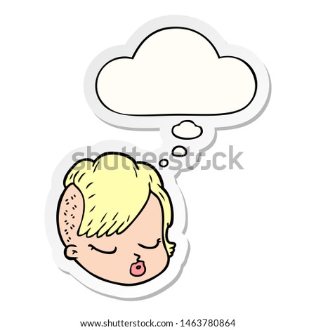 cartoon female face with thought bubble as a printed sticker