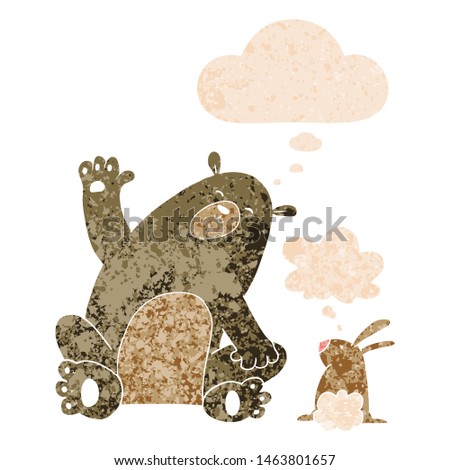 cartoon bear and rabbit friends with thought bubble in grunge distressed retro textured style