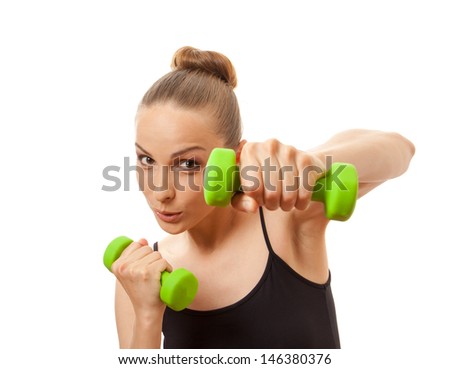 Woman doing fitness exercise with dumbbells, isolated