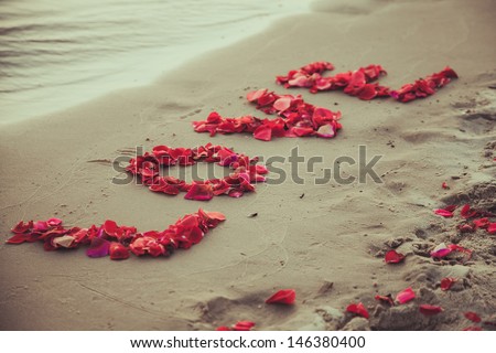 Caption word love in the sand of the sea. Love inscription from the petals of roses.