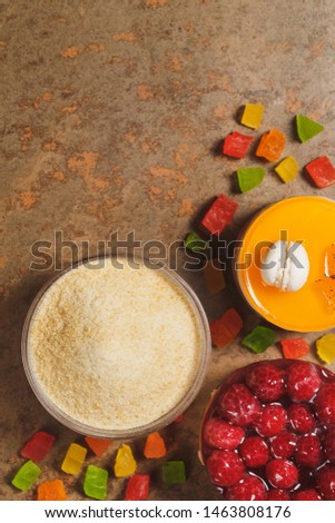 Gelatin and candied fruit. Top view