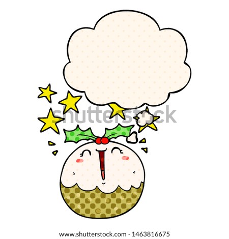 cute cartoon happy christmas pudding with thought bubble in comic book style
