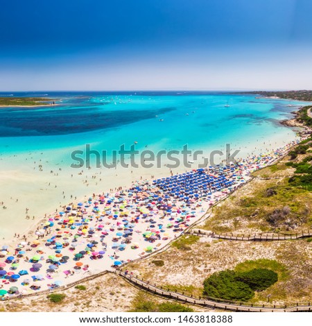 Famous La Pelosa beach with Torre della Pelosa on Sardinia island, Sardinia, Italy, Europe.  Royalty-Free Stock Photo #1463818388