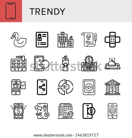 Set of trendy icons such as Smartphone, Swan, Resume, Hotel, Letter, Patch, Bouquet, Online banking, Pie chart , trendy