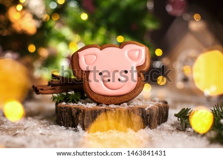 Holiday traditional food bakery. Gingerbread pink pig head in cozy warm decoration with garland lights.