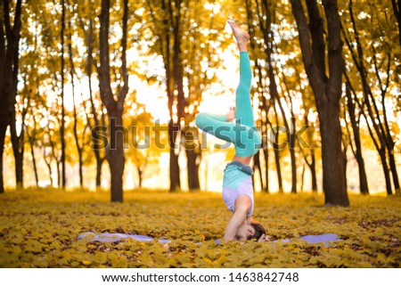 Thin brunette girl plays sports and performs yoga poses in autumn park on a sunset background. Woman doing exercises on the yoga mat. Autumn forest. Soft focus.