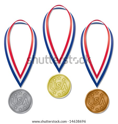 Three medals in gold, silver, and bronze with red, white, and blue ribbons