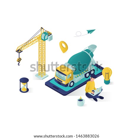 online construction service isometric illustration, under construction vector with people working