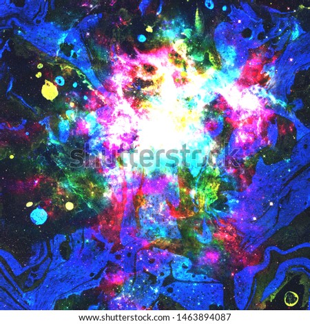 Colorful Watercolor Abstract background. Multicolor grunge psychedelic pink blue texture with spots. Multicolor style digital painting. Blurred chaotic brush and tie dye pattern. Hand painting fabrics