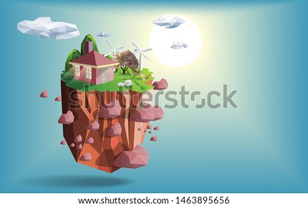 Little house on island low poly design,wind turbo,mountain,tree ,clouds, with sunrise blue sky background,geometric and triangle shape,polygon nature beautiful landscape background,illustration.