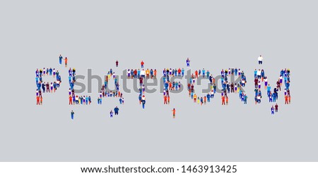 businesspeople crowd gathering in shape of platform word different business people employees group standing together social media community concept flat horizontal