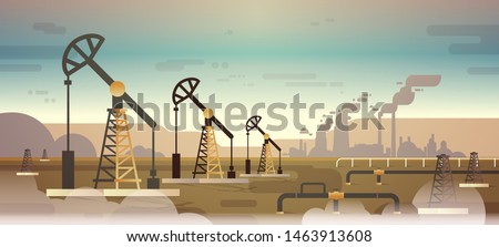 oil pump rig energy industrial zone oil drilling fossil fuels production nature pollution dirty waste polluted environment concept mountains sunset background flat horizontal