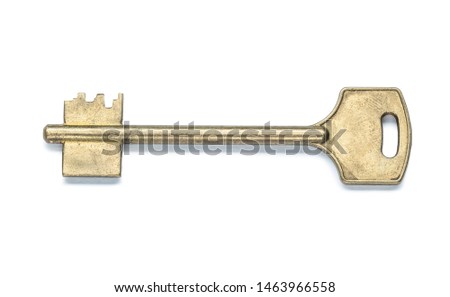 single brass door key isolated on white