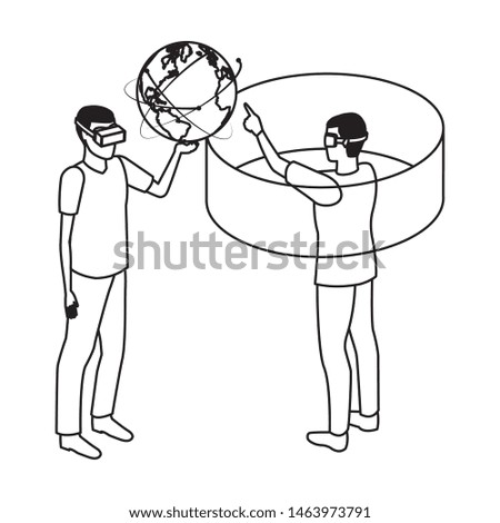 virtual reality technology, young men friends living a modern digital experience with headset glassestouching world map and screen cartoon vector illustration graphic design