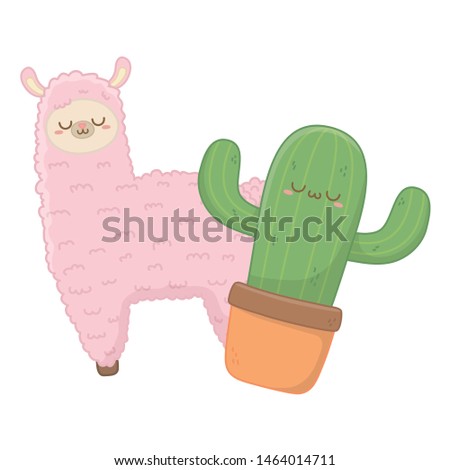 Kawaii of llama with cactus cartoon design
