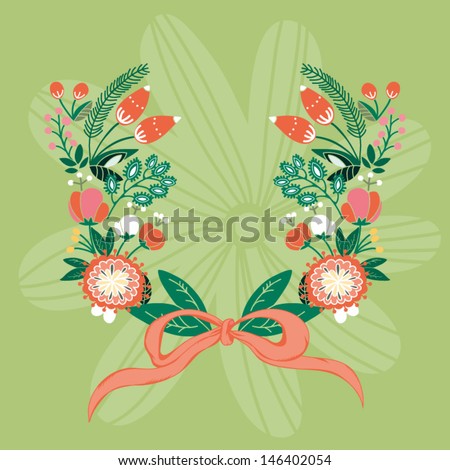 Beautiful greeting card with floral wreath. Cute illustration, can be used as creating card, invitation card for wedding,birthday and other holiday and cute summer background. 