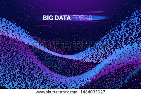 Beautiful wave shaped array of glowing dots. Dynamic particles sound wave flowing over dark. Blurred lights vector abstract background.