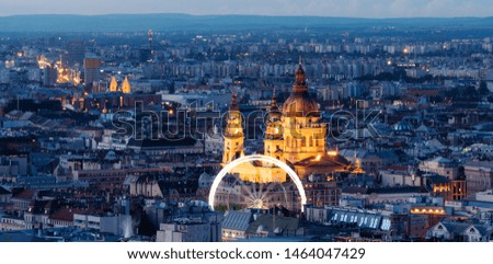 Panoramic, Budapest city skyline and St. Stephen's Basilica in twilight