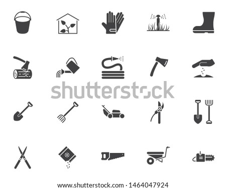 Gardening tool vector icons set, modern solid symbol collection, filled style pictogram pack. Signs, logo illustration. Set includes icons as greenhouse, watering, seedling, rack shovel, lawn mower