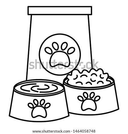 bag and plastic dishes with food and water care mascot