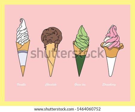 Various types of cones and flavors of ice cream. hand drawn style vector design illustrations. 