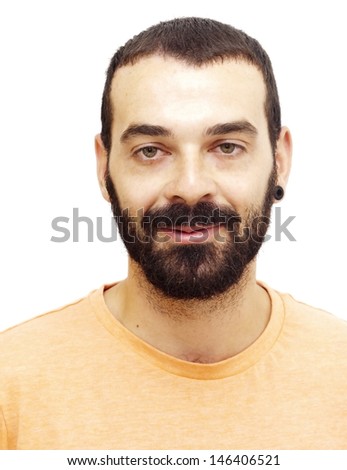 Handsome guy with beard and orange shirt on white background