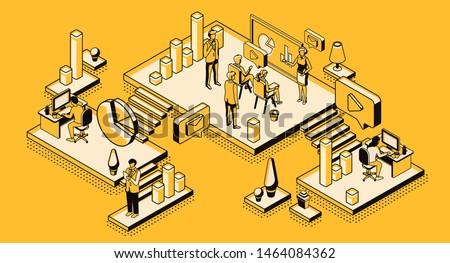 Marketing strategy, financial analytic company, agency working process in office, business people planning, analyzing statistics data, doing presentation, isometric 3d vector illustration, line art Royalty-Free Stock Photo #1464084362
