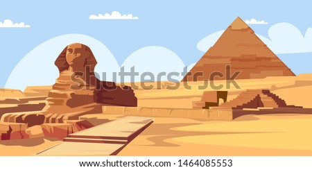 Sphinx and pyramid flat vector illustration. Beautiful scenery with no people. Landscape tourism, summer vacation spot. Travel to Egypt, egyptian architecture. World wonder, ancient landmarks Royalty-Free Stock Photo #1464085553