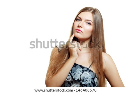 beautiful young woman thinking isolated on white background