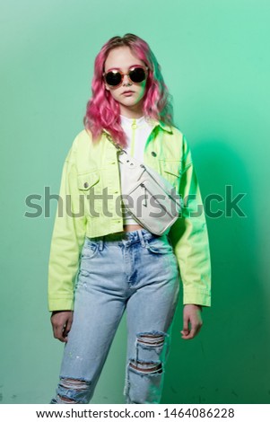 stylish woman in glasses neon retro fashion