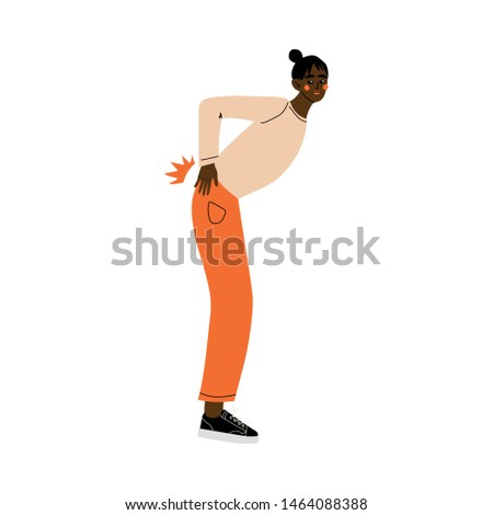 Young African American Woman Holding Hands on Her Back, Backache, Girl Feeling Pain in Her Body Caused By Illness or Injury Vector Illustration