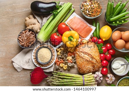 Healthy food. Balanced food cooking ingredients. Clean diet eating. Top view with copy space
 Royalty-Free Stock Photo #1464100997