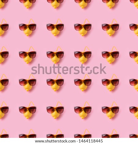 Photography collage lemon vacation in sunglasses on pink background seamless pattern, top view, creative pastel