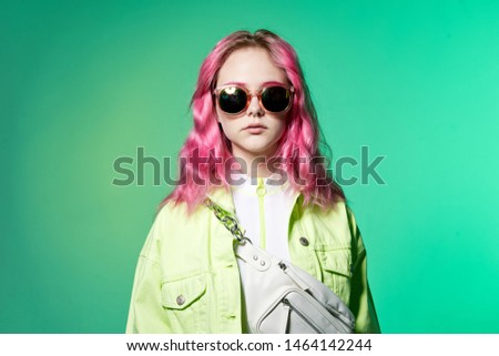stylish woman in glasses with bag retro neon style