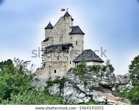 Reconstructed Bobolice castle on trail of Eagles nests. Bublitz castle located in the Kraków Częstochowa Upland. Formerly protecting the southern border of the Kingdom of Poland.