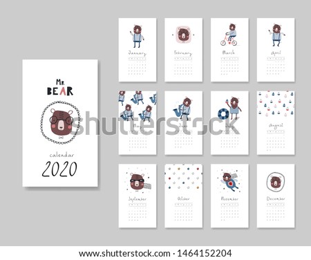 Calendar 2020. Templates with funny hand drawn bears. Vector illustration. Blue, brown and red colors.