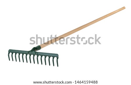 Metal rake with wooden handle isolated on white background Royalty-Free Stock Photo #1464159488