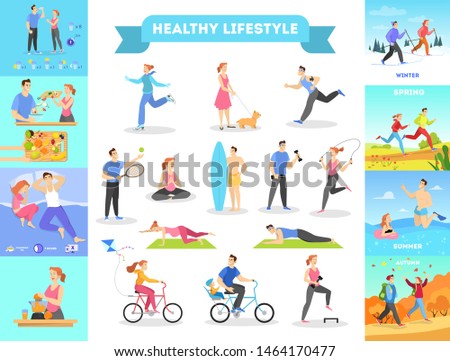 Heallthy lifestyle infographic web banner. Diet and sport exercise for fit body. Running activity and yoga for wellness, fruit eating. Vector illustration in cartoon style