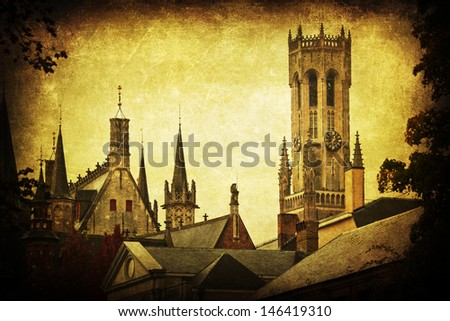 vintage style picture of steeples and belfry of Bruges, Belgium