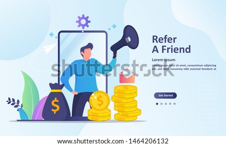 Refer A Friend Concept Design, People share info about referral and earn money. Suitable for web landing page, ui, mobile app, banner template. Vector Illustration Royalty-Free Stock Photo #1464206132