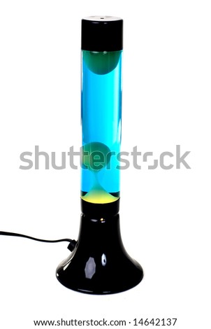 A Black lava lamp with blue liquid and green lava isolated on a white background.
