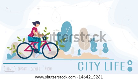 Modern City Women Daily Life, Time Organization and Management Online Service Flat Vector Web Banner, Landing Page with Woman Riding Bicycle, Resting, Doing Fitness Exercises in City Park Illustration
