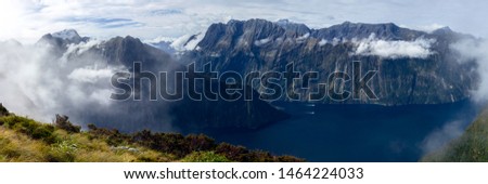 Milford Sound from Mitre Peak Panorama Royalty-Free Stock Photo #1464224033