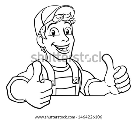 A handyman cartoon character caretaker construction man peeking over a sign and giving a thumbs up 
