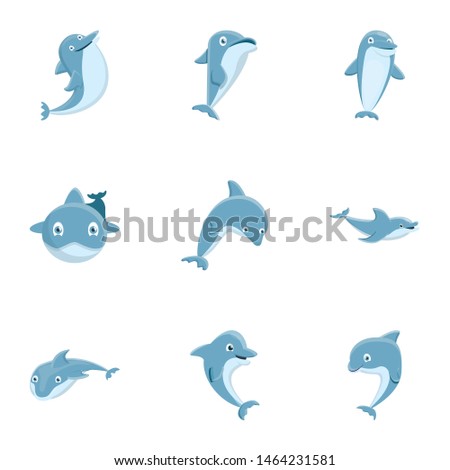 Grey dolphin icon set. Cartoon set of 9 grey dolphin vector icons for web design isolated on white background