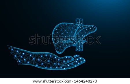 Hand and liver low poly design, human organ donor in polygonal style, exocrine gland wireframe vector illustration made from points and lines on dark blue background