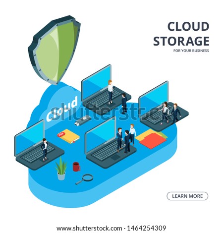 Cloud storage vector concept. Isometric business illustration. Business team used cloud storage. Safe data on cloud device, database together information