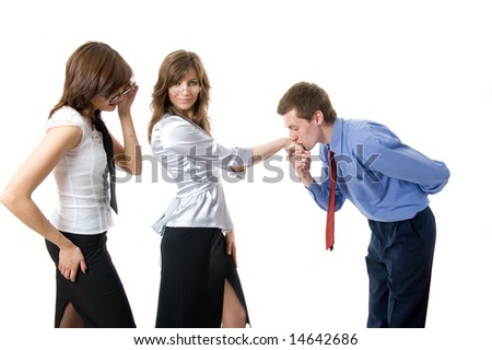 Signs on respect. The union of young business man and business women. Isolated over white